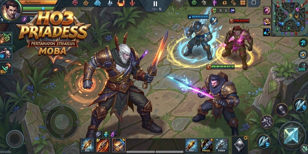 Screenshot utama HO3 menampilkan aksi seru dalam pertempuran MOBA.