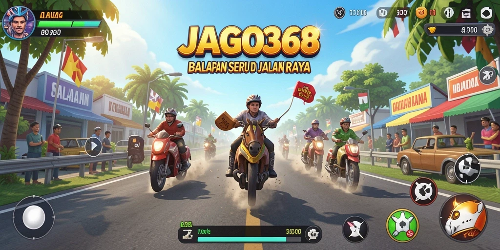 Tampilan gameplay seru balapan di JAGO368 dengan mobil yang melaju cepat.