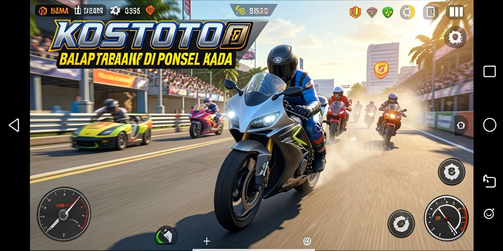 Screenshot KOSTOTO menampilkan aksi balap motor yang mendebarkan.