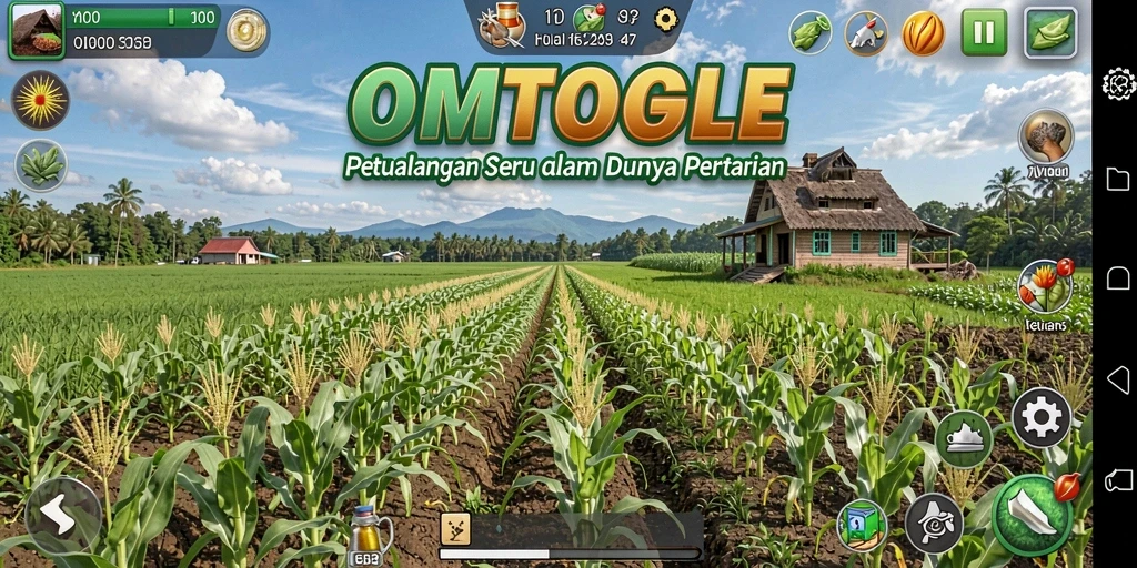 Screenshot OMTOGEL menampilkan lahan pertanian yang subur dan aktivitas bercocok tanam.