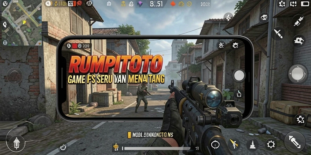 Screenshot dari aksi menegangkan dalam gameplay FPS RUMPITOTO.