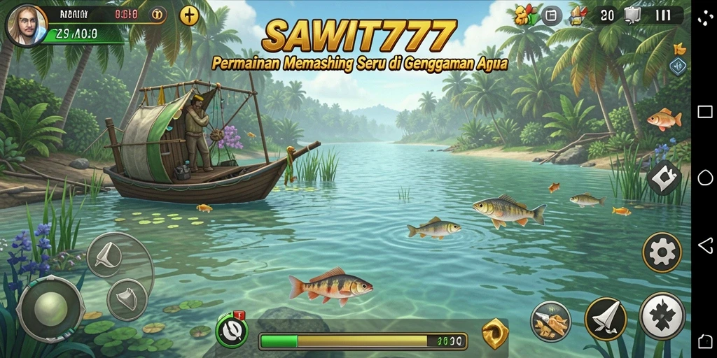 Screenshot dari gameplay seru SAWIT777 yang menampilkan berbagai lokasi memancing.