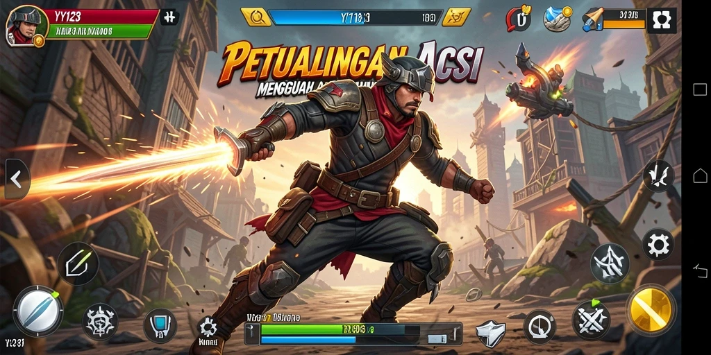 Screenshot utama YY123 menunjukkan intensitas gameplay aksi yang mendebarkan.